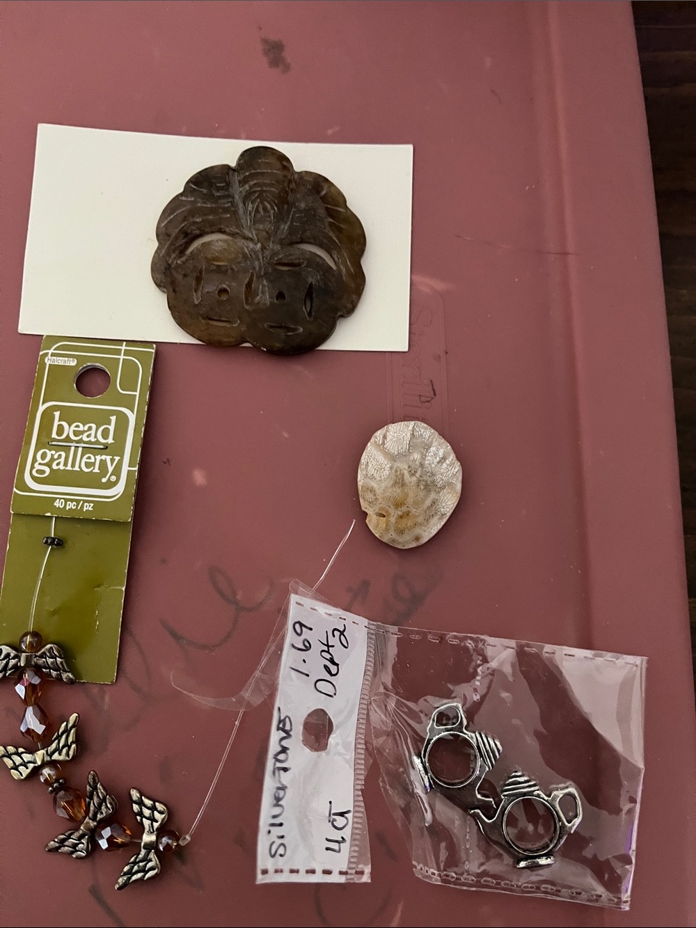 Stone Brown sCarved Leaf Accent pendant, earring angel ,teapot, beige stone pend